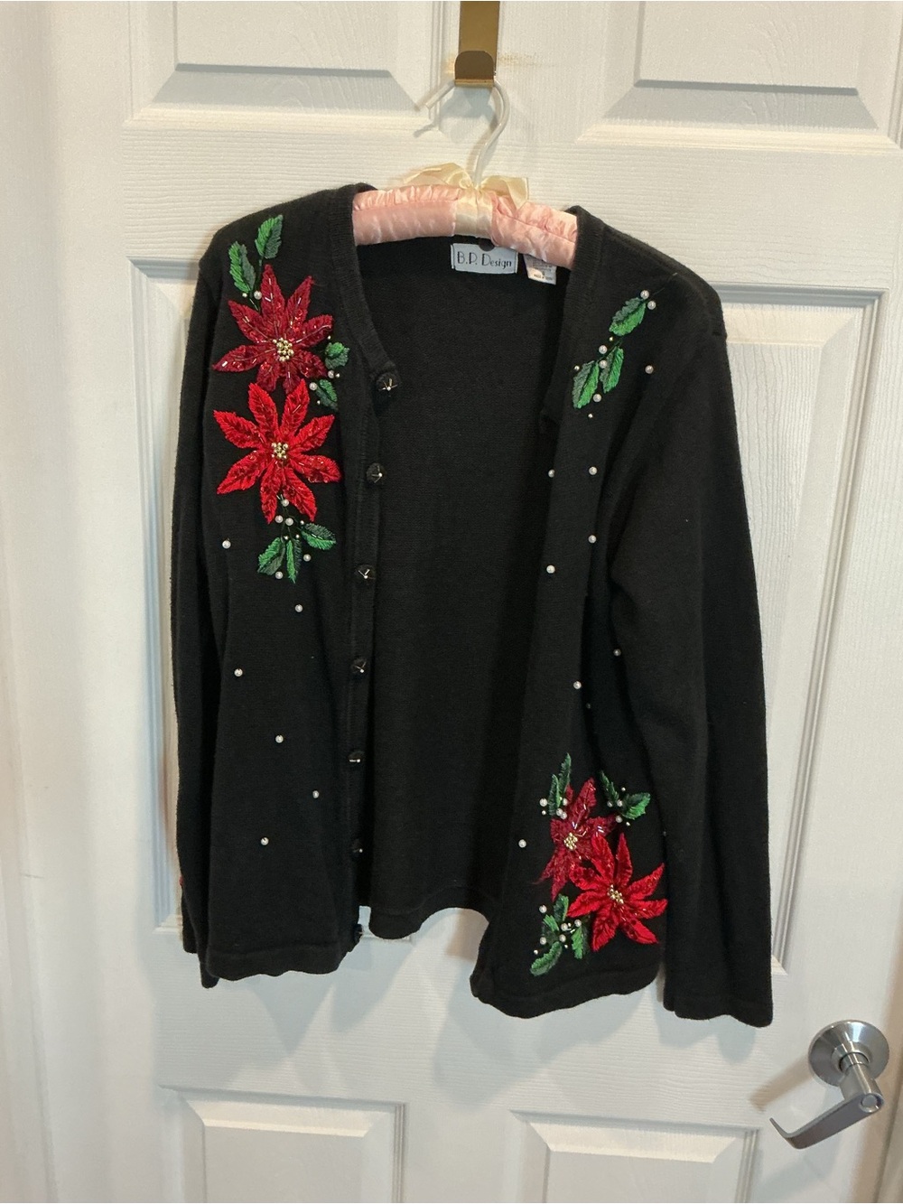 Black Embellished Poinsettia Cardigan Sweater